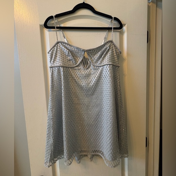 For Love & Lemons Glitter Slip Dress Mini Silver Satin Rhinestone Shiny Size XL - Picture 7 of 10